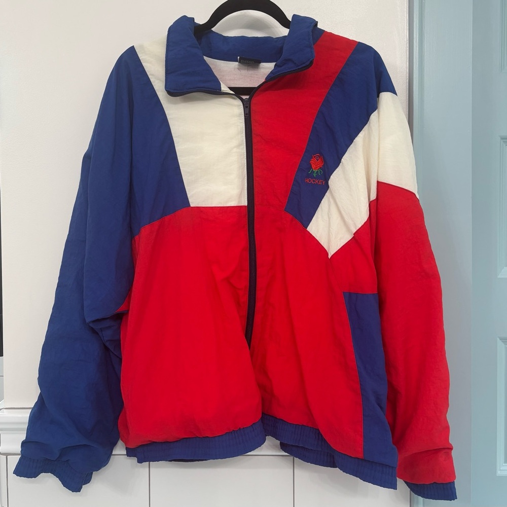 Vintage 90s Streetwear Windbreaker Red Blue Whi Colorblock Jacket Hockey Rose XL